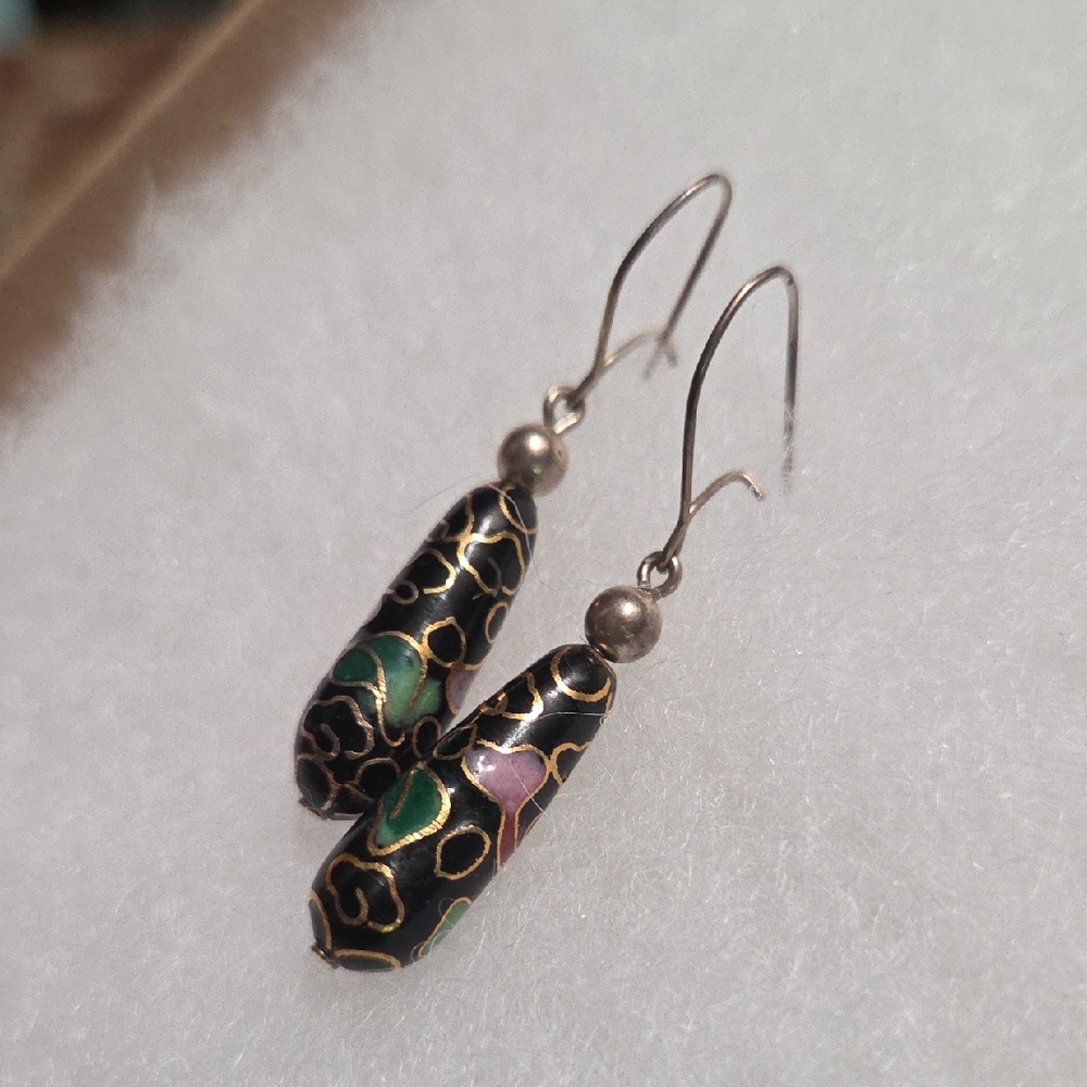 Elegant Black and Gold Dangle Enamel Earrings